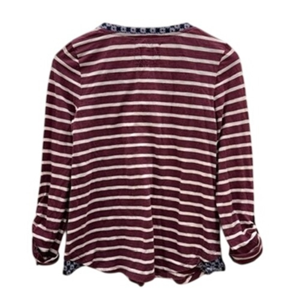 Anthropologie Mavis & Co Striped Ruffle Henley Top Sm Burgundy Shirt Cute Casual - Picture 2 of 13